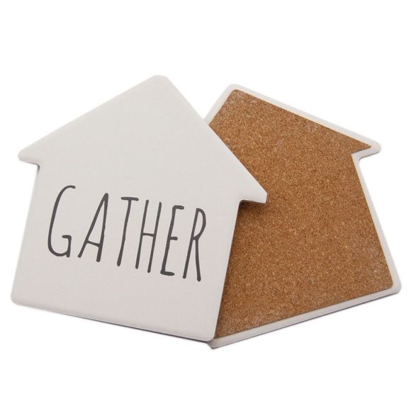 Way To Celebrate Other - Celebrate Decorative Coaster Set House Shape Gather White Stoneware Coasters 4pc